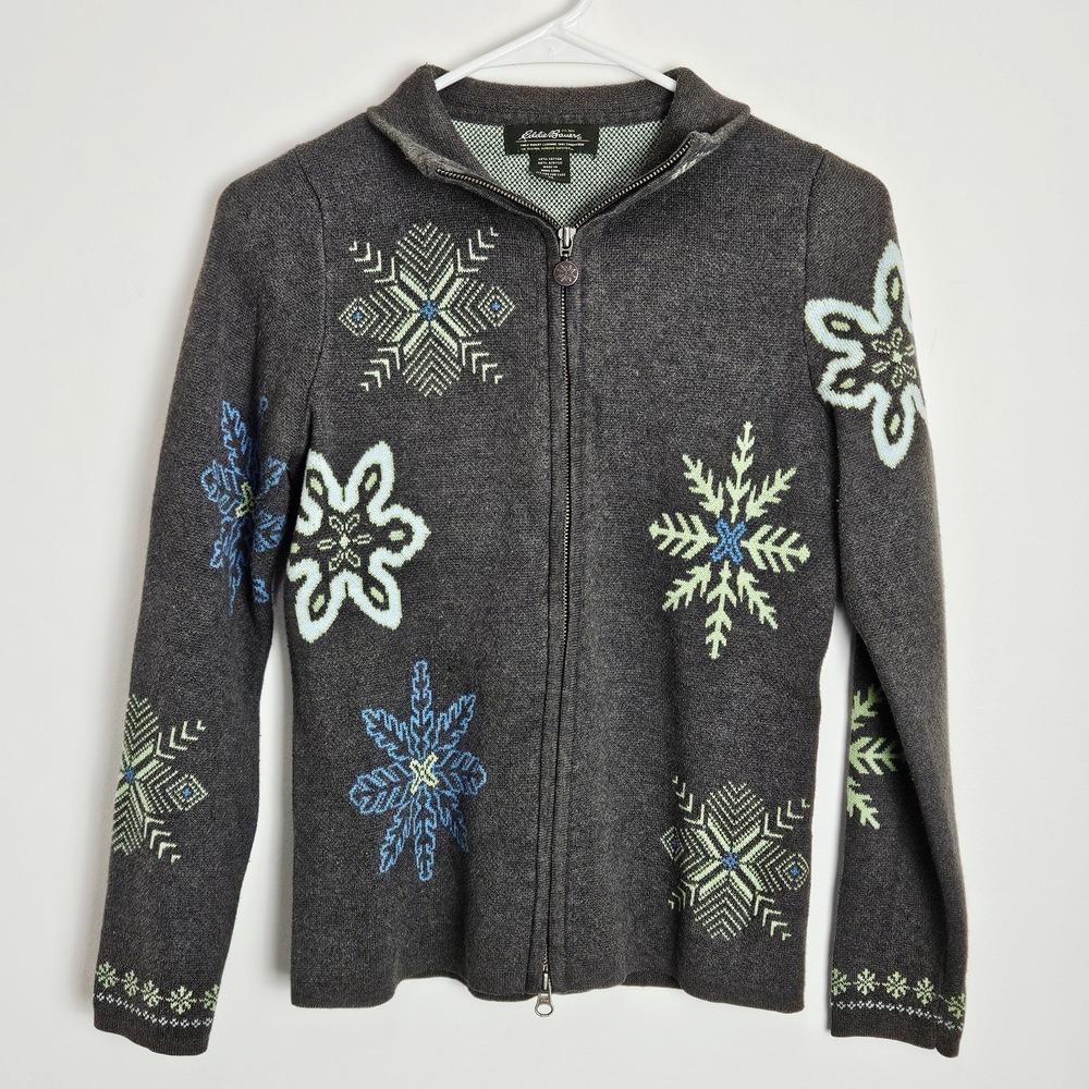 Eddie Bauer Sweater Women's Size XS Full Zip Up Knit‎ Ski Snowflake Cotton Blend